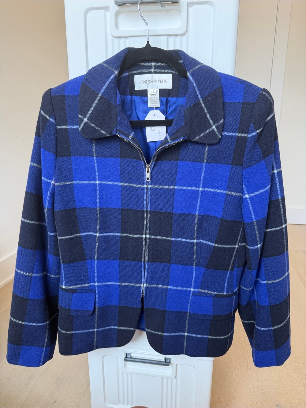 Jones New York Royal Blue and Black Plaid Zip Jacket